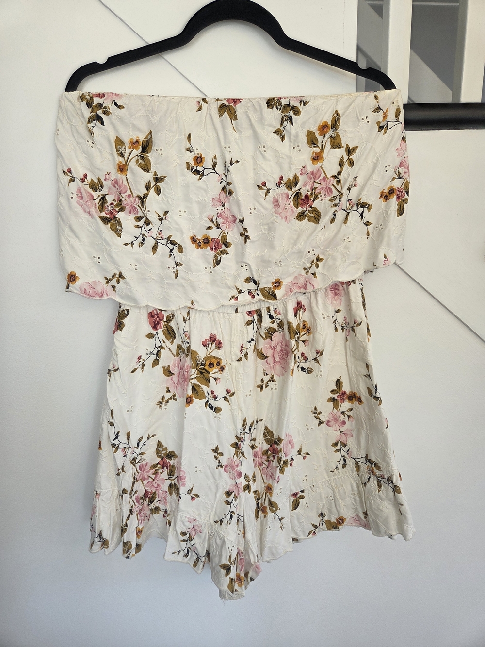 Floral Strapless Romper in Cream and Pink